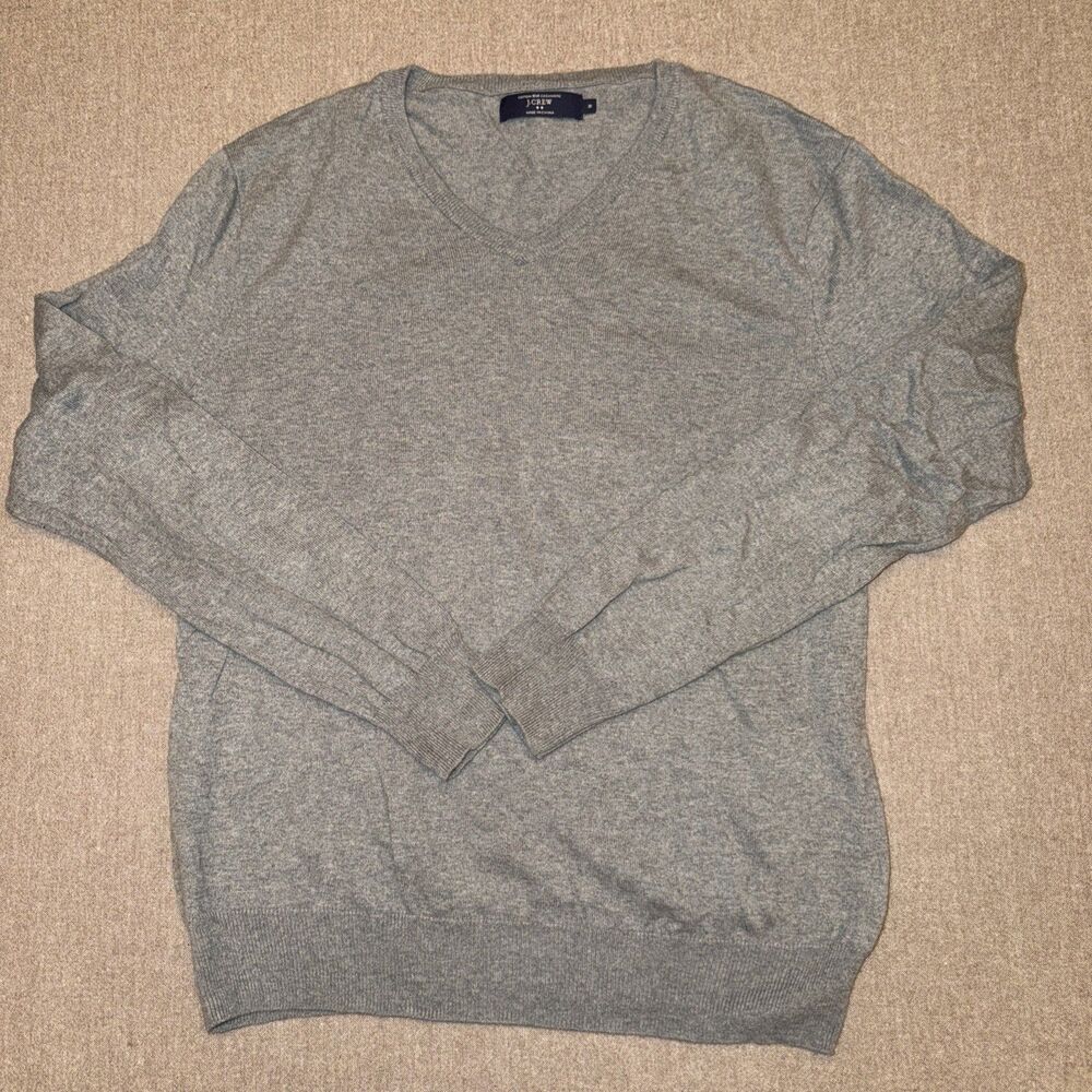 J Crew Sweater Mens M Gray Cotton Cashmere V Neck Preppy Office Pullover